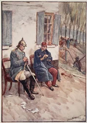 „Byly přineseny židle, aby Napoleon a ministr mohli sedět venku“ z „Příběh Francie vyprávěný chlapcům a dívkám od Mary Macgregorové, 1920